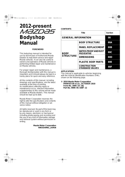 Preview: 2012-2014 Mazda 5 Bodyshop Manual (P/N 9999-95-030F-12)
