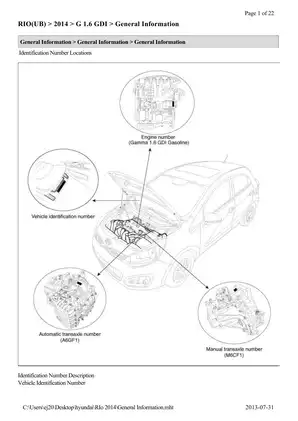 2014 Kia Rio 1,6 l GDI repair manual