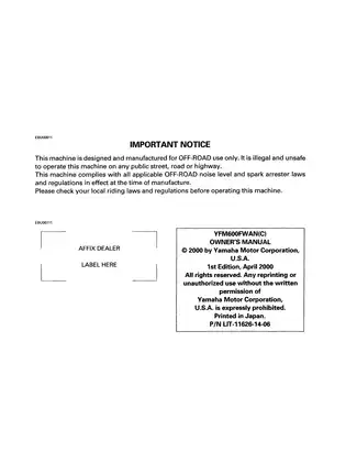 1998-2001 Yamaha Grizzly 600, 600FWAN(C) owner´s manual Preview image 5