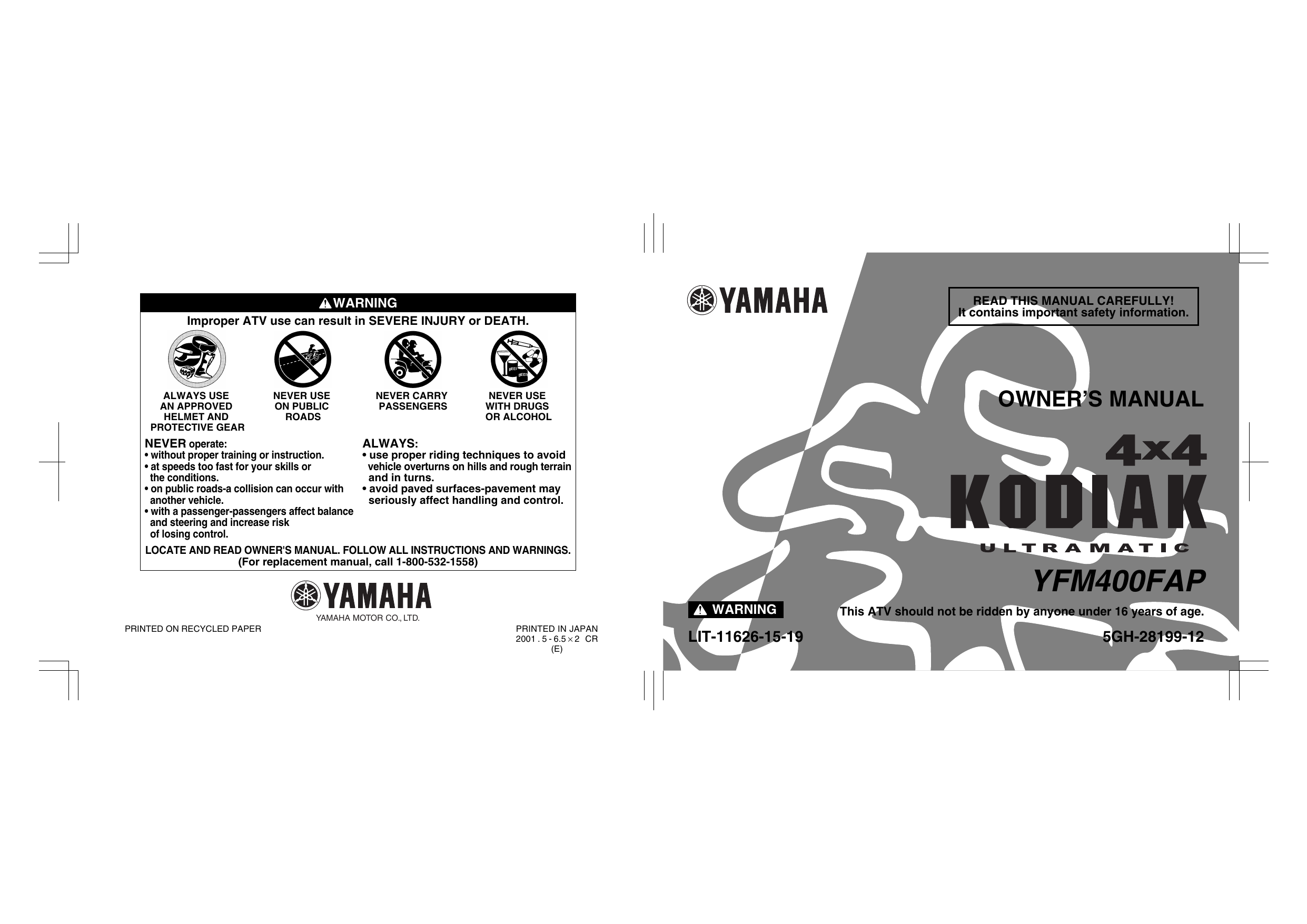 2000-2002 Yamaha Kodiak 400 4x4 owners manual Preview image 6