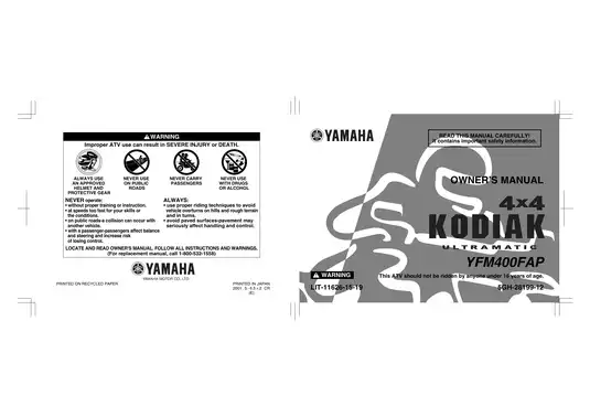 2000-2002 Yamaha Kodiak 400 4x4 owners manual Preview image 1