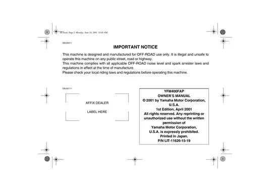 2000-2002 Yamaha Kodiak 400 4x4 owners manual Preview image 5