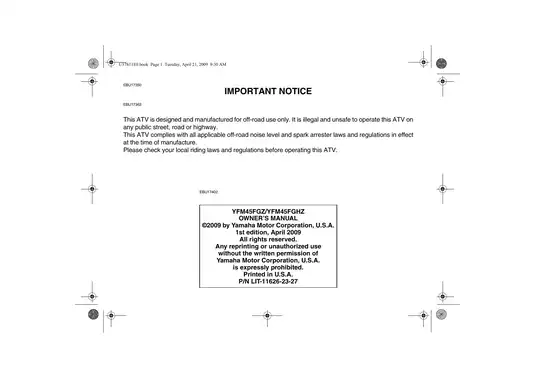 2009-2010 Yamaha Grizzly 450 4x4 / ATV owners manual Preview image 5