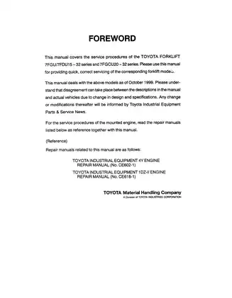Toyota Forklift Service Manual for 7FGU/7FDU15-32 & 7FGCU20-32 Series (1999 Edition)