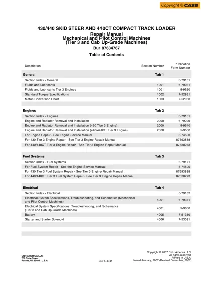 Preview: Case 430/440 Skid Steer Loader and 440CT Compact Track Loader Repair Manual (P/N Bur 87634767)