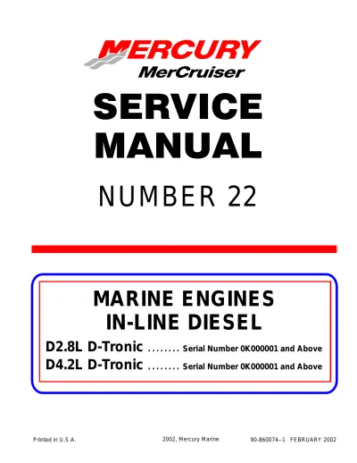 Preview: Mercury MerCruiser D2.8L D-Tronic & D4.2L D-Tronic 2002+ In-Line Diesel Engines Service Manual (P/N 90-860074-1)