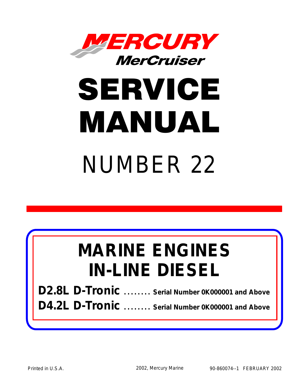 Mercury Mercruiser Number 22, IN-LINE Diesel D2.8L D-Tronic, D4.2L D-Tronic Marine engine service manual Preview image 1
