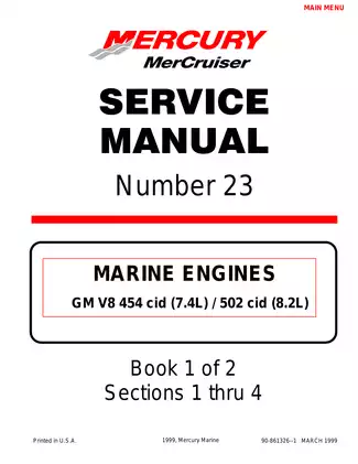 1998-2001 Mercury Mercruiser Number 23 GM V8 454 CID(7.4L) , 502 CID (8.2L) marine engine service manual Preview image 1