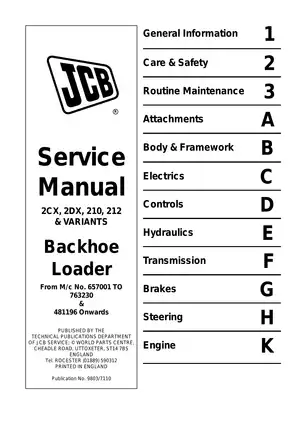 JCB Backhoe Loader Service Manual for 2CX, 2DX & 210 Models (Serial No. 657001 to 763230, 481196 Onwards)