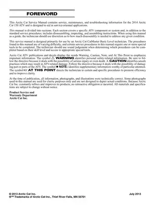 2014 Arctic Cat 150 ATV Service Manual - Maintenance & Troubleshooting Guide Preview image 2