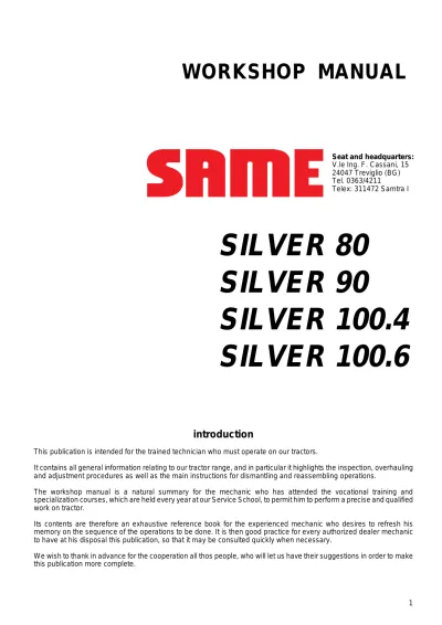 Preview: Same Silver 80, 90, 100.4, and 100.6 Tractor 2004–2007 Workshop Manual (P/N 008.4184.3)