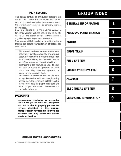 Preview: 2002–2009 Suzuki Ozark LT-F250 ATV Service Manual (P/N 99500-42166-03E)