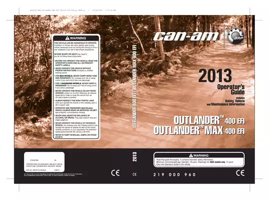 2013 Can Am Outlander 400 EFI ATV operator´s manual Preview image 1