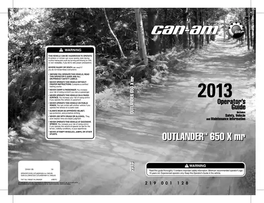 2013 Can-Am Outlander 650 XMR ATV owners manual Preview image 1