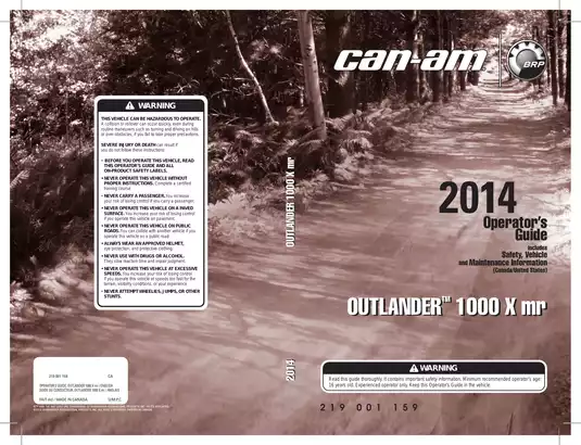 2014 Can Am Outlander 1000 XMR ATV owners manual Preview image 1