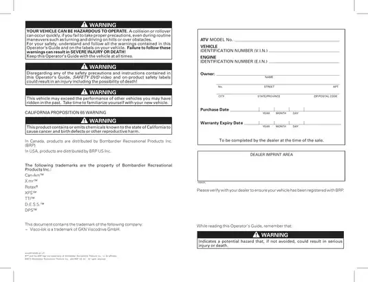 2014 Can Am Outlander 1000 XMR ATV owners manual Preview image 2