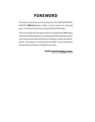 Toyota 5FBE10-20 Forklift Service Manual & Parts Guide
