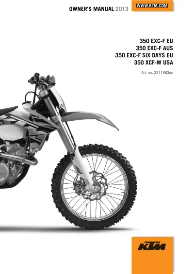 KTM 350 EXC-F EU, AUS, SIX DAYS EU & 350 XCF-W USA 2013 Service Manual (P/N 3211863en)