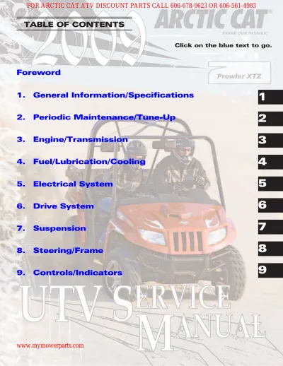 Arctic Cat Prowler XTZ ATV 2009 Factory Service Manual (P/N 2258-400)