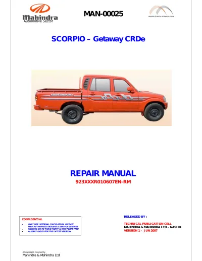 2007 Mahindra Scorpio Getaway CRDe 2.6L Repair Manual (P/N 923XXXR010607EN-RM)